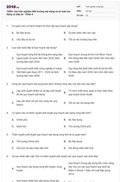 1000+ câu trắc nghiệm Môi trường xây dựng và an toàn lao động có đáp án - Phần 6