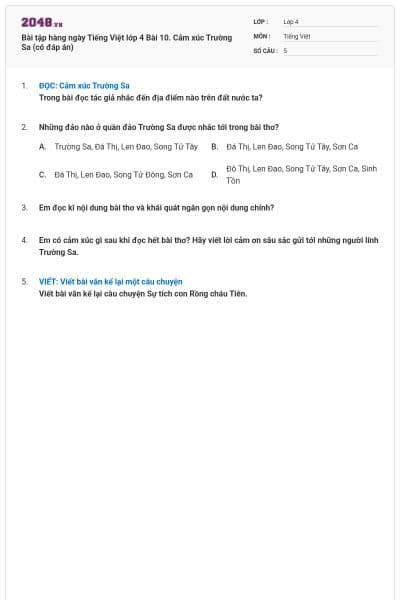 Bài tập hàng ngày Tiếng Việt lớp 4 Bài 10. Cảm xúc Trường Sa (có đáp án)