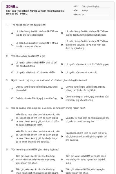 500+ câu Trắc nghiệm Nghiệp vụ ngân hàng thương mại (có đáp án) - Phần 2