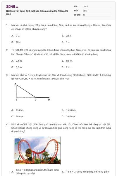 Bài toán vận dụng định luật  bảo toàn cơ năng lớp 10 (có lời giải)