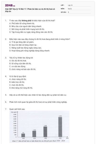 Giải SBT Địa lý 10 Bài 17. Phân bố dân cư và đô thị hoá có đáp án