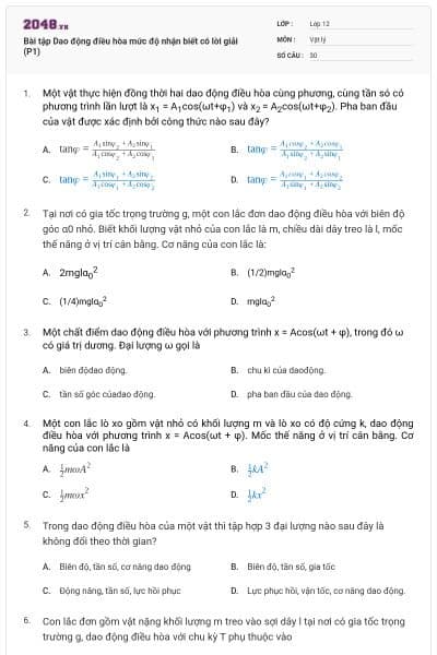 Bài tập Dao động điều hòa mức độ nhận biết có lời giải (P1)