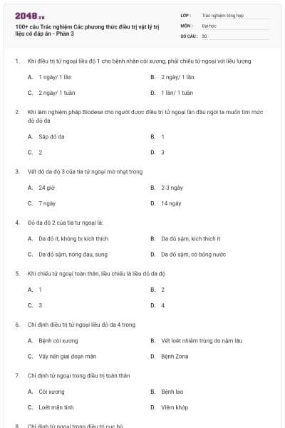 100+ câu Trắc nghiệm Các phương thức điều trị vật lý trị liệu có đáp án - Phần 3