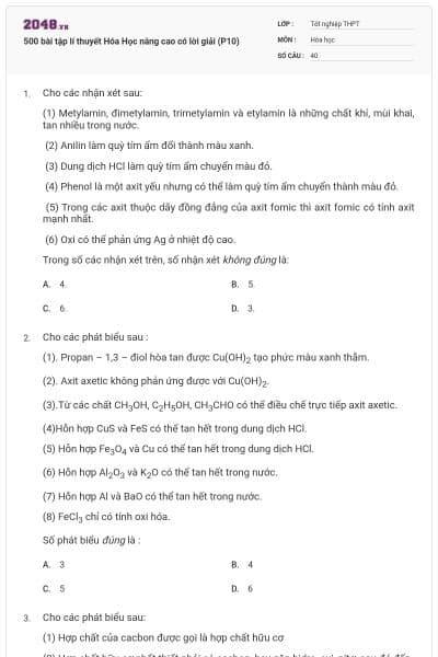 500 bài tập lí thuyết Hóa Học nâng cao có lời giải (P10)