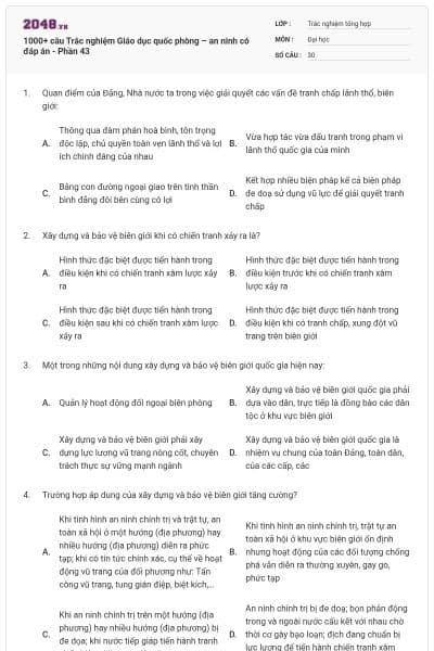 1000+ câu Trắc nghiệm Giáo dục quốc phòng – an ninh có đáp án - Phần 43