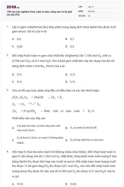190 câu trắc nghiệm Este, Lipit cơ bản, nâng cao có lời giải chi tiết (P5)
