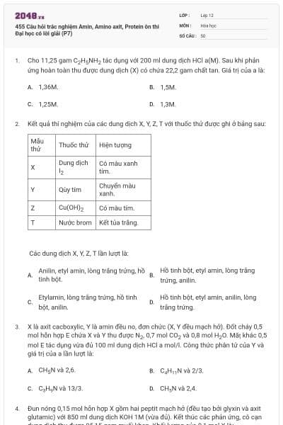 455 Câu hỏi trắc nghiệm Amin, Amino axit, Protein ôn thi Đại học có lời giải (P7)