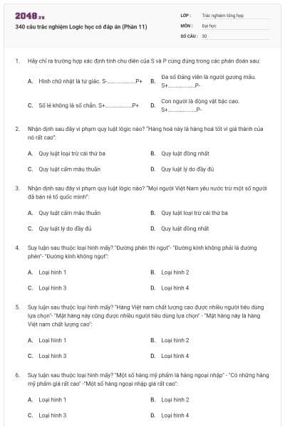 340 câu trắc nghiệm Logic học có đáp án (Phần 11)