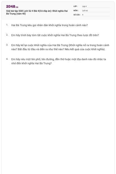 Giải bài tập SGK Lịch Sử 4 Bài 4(Có đáp án): Khởi nghĩa Hai Bà Trưng (năm 40)