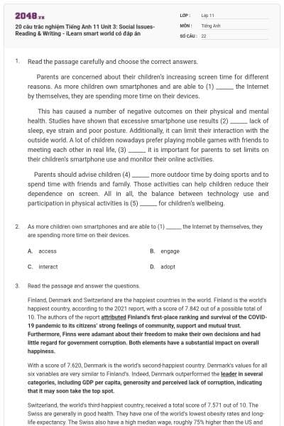 20 câu trắc nghiệm Tiếng Anh 11 Unit 3: Social Issues- Reading & Writing - iLearn smart world có đáp án