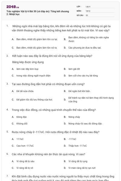 Trắc nghiệm Vật lý 6 Bài 30 (có đáp án): Tổng kết chương 2: Nhiệt học