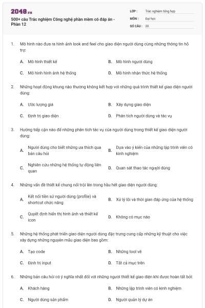 500+ câu Trắc nghiệm Công nghệ phần mềm có đáp án - Phần 12