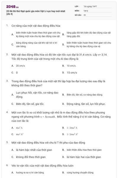 20 Đề thi thử thpt quốc gia môn Vật Lí cực hay mới nhất (đề 4)