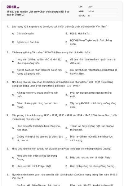 15 câu trắc nghiệm Lịch sử 9 Chân trời sáng tạo Bài 8 có đáp án (Phần 2)