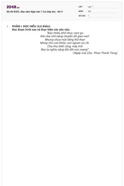 Đề thi KSCL đầu năm Ngữ văn 7 (có đáp án) - Đề 3