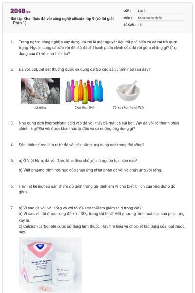 Bài tập Khai thác đá vôi công nghệ silicate lớp 9 (có lời giải - Phần 1)