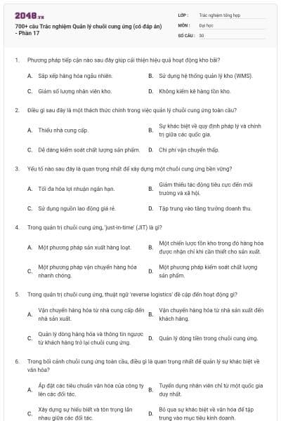 700+ câu Trắc nghiệm Quản lý chuỗi cung ứng (có đáp án) - Phần 17
