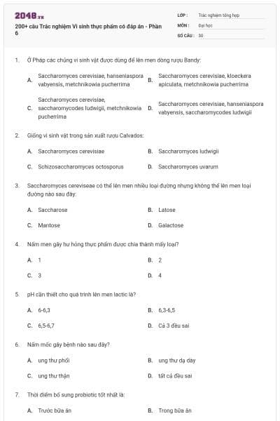 200+ câu Trắc nghiệm Vi sinh thực phẩm có đáp án - Phần 6