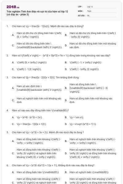 Trắc nghiệm Tính đơn điệu và cực trị của hàm số lớp 12 (có đáp án - phần 3)