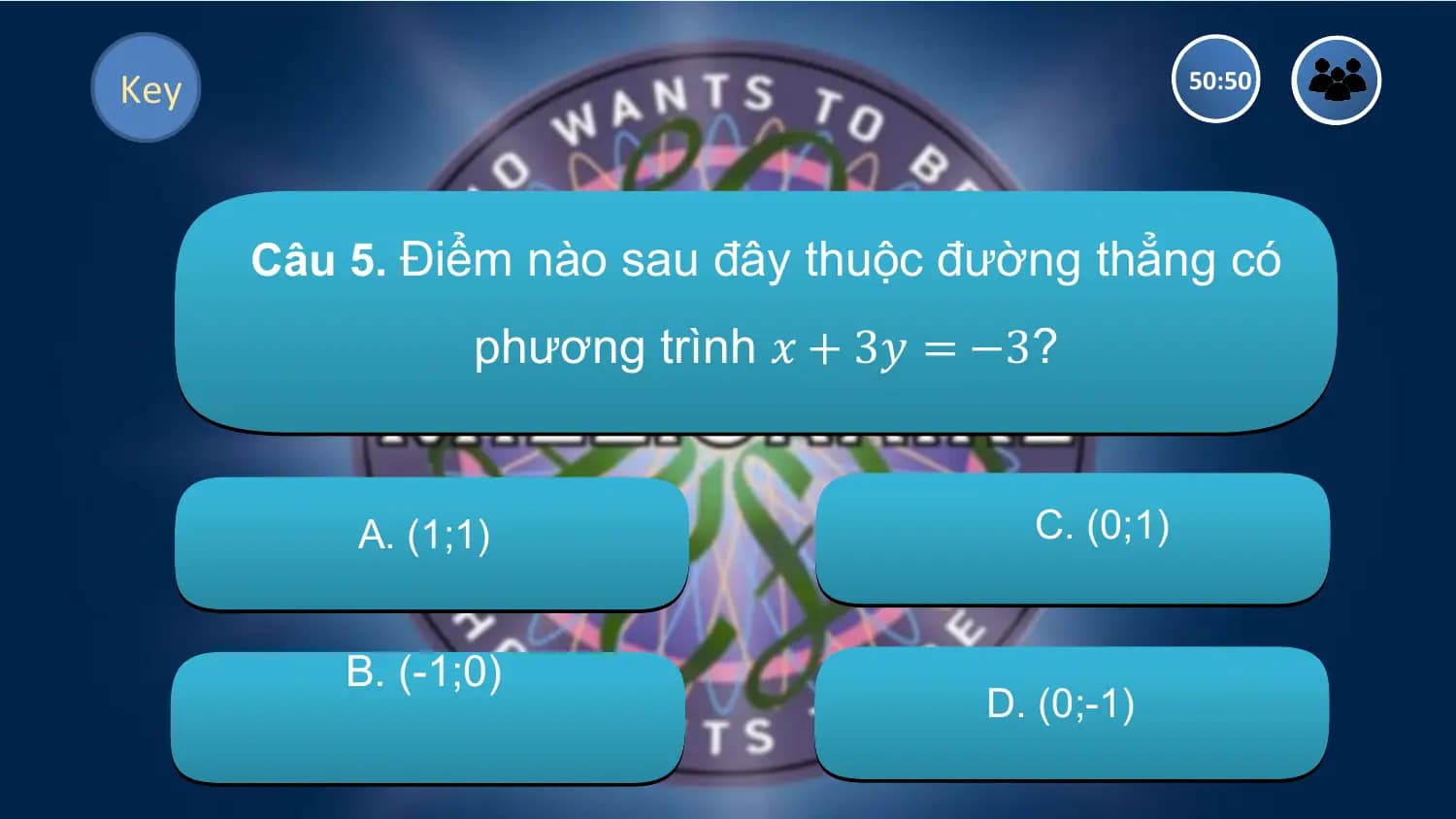 Key 50:50

 Câu 5. Điểm nào sau đây thuộc đường thẳng có
 phương trình 𝑥 + 3𝑦 = −3?

 A. (1;1) C. (0;1)

 B. (-1;0)
 D. (0;-1)