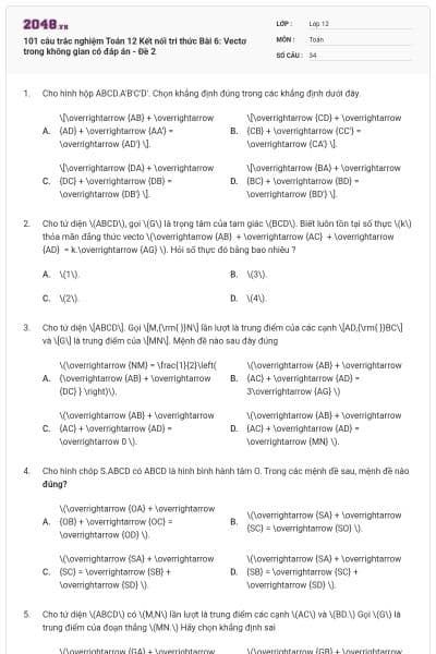 101 câu trắc nghiệm Toán 12 Kết nối tri thức Bài 6: Vectơ trong không gian có đáp án - Đề 2
