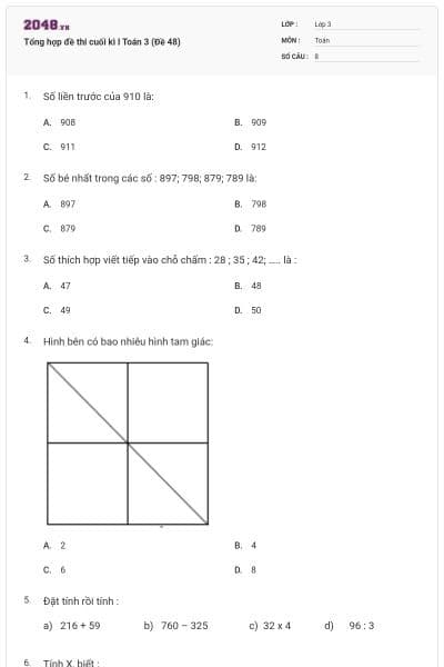 Tổng hợp đề thi cuối kì I Toán 3 (Đề 48)