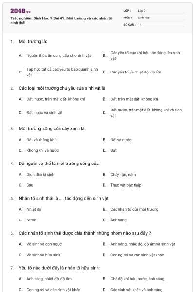 Trắc nghiệm Sinh Học 9 Bài 41: Môi trường và các nhân tố sinh thái
