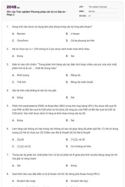 50+ câu Trắc nghiệm Phương pháp sắc ký có đáp án - Phần 2