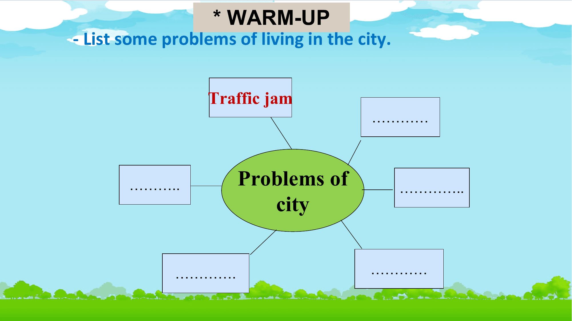 * WARM-UP
- List some problems of living in the city.

 Traffic jam
 …………

 ……….. Problems of …………..
 city

 …………. …………