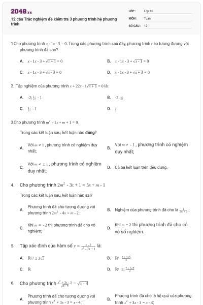 12 câu  Trắc nghiệm đề kiểm tra 3 phương trình hệ phương trình