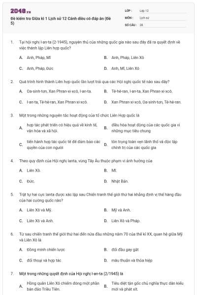 Đề kiểm tra Giữa kì 1 Lịch sử 12 Cánh diều có đáp án (Đề 5)