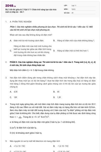 Bộ 3 đề thi giữa kì 2 Vật lí 11 Chân trời sáng tạo cấu trúc mới có đáp án - Đề 1