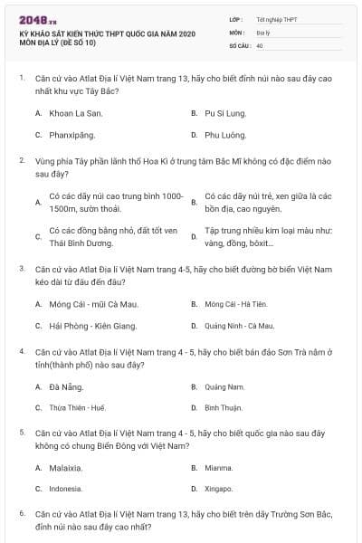 KỲ KHẢO SÁT KIẾN THỨC THPT QUỐC GIA NĂM 2020 MÔN ĐỊA LÝ (ĐỀ SỐ 10)