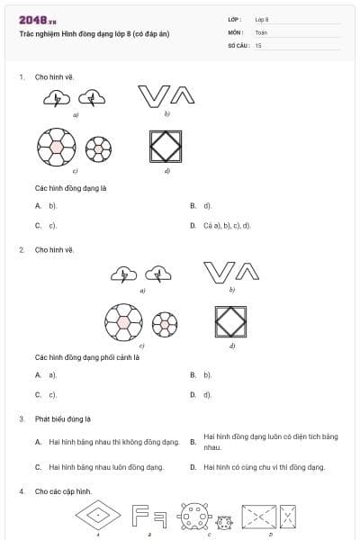 Trắc nghiệm Hình đồng dạng lớp 8 (có đáp án)