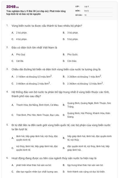 Trắc nghiệm Địa Lí 9 Bài 38 (có đáp án): Phát triển tổng hợp kinh tế và bảo vệ tài nguyên