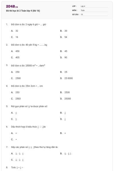 Đề thi học kì 2 Toán lớp 4 (Đề 16)