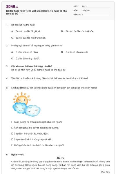 Bài tập hàng ngày Tiếng Việt lớp 3 Bài 21. Tia nắng bé nhỏ (có đáp án)