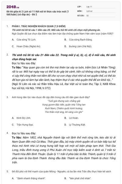 Đề thi giữa kì 2 Lịch sử 11 Kết nối tri thức cấu trúc mới (1 tiết/tuần) (có đáp án) - Đề 2