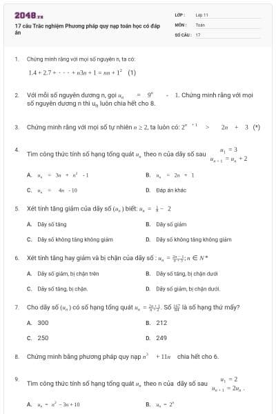 17 câu Trắc nghiệm Phương pháp quy nạp toán học có đáp án