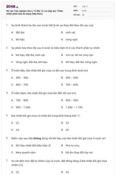 50 câu Trắc nghiệm Địa Lí 12 Bài 12 (có đáp án): Thiên nhiên phân hóa đa dạng (tiếp theo)