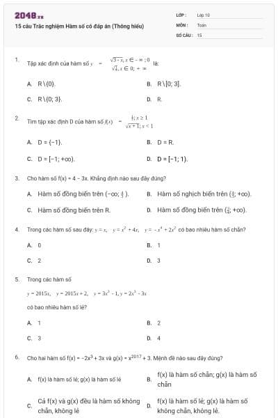 15 câu  Trắc nghiệm Hàm số có đáp án (Thông hiểu)