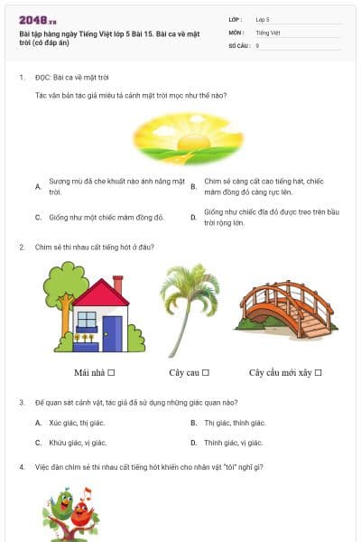 Bài tập hàng ngày Tiếng Việt lớp 5 Bài 15. Bài ca về mặt trời (có đáp án)