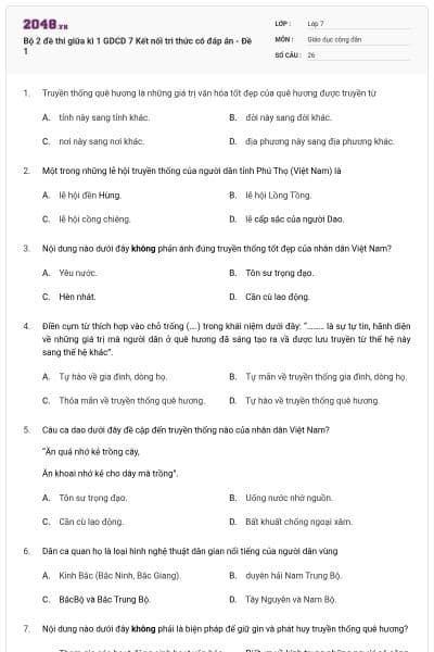 Bộ 2 đề thi giữa kì 1 GDCD 7 Kết nối tri thức có đáp án - Đề 1