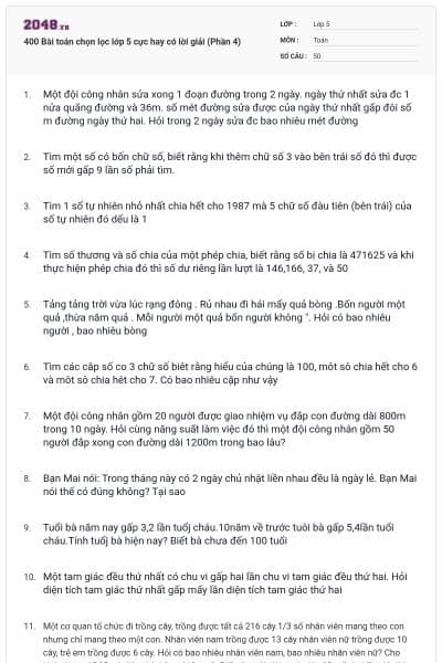 400 Bài toán chọn lọc lớp 5 cực hay có lời giải (Phần 4)