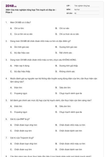 300+ Câu trắc nghiệm tổng hợp Tim mạch có đáp án - Phần 6