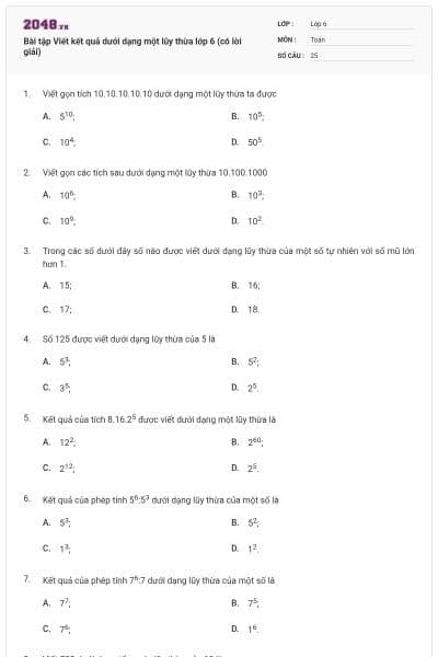 Bài tập Viết kết quả dưới dạng một lũy thừa lớp 6 (có lời giải)