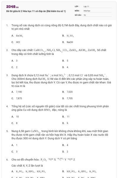 Đề thi giữa kì 2 Hóa học 11 có đáp án (Bài kiểm tra số 1)