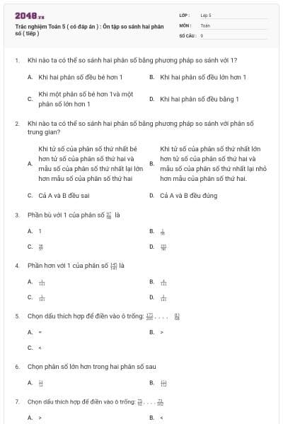 Trắc nghiệm Toán 5 ( có đáp án ) : Ôn tập so sánh hai phân số ( tiếp )