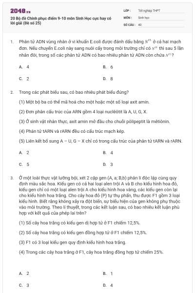20 Bộ đề Chinh phục điểm 9-10 môn Sinh Học cực hay có lời giải (Đề số 25)