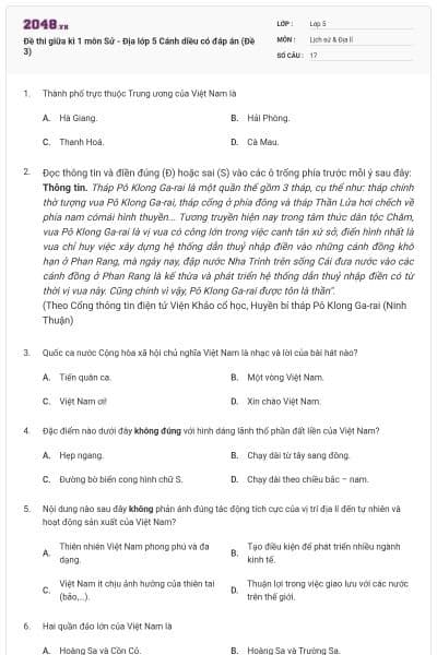 Đề thi giữa kì 1 môn Sử - Địa lớp 5 Cánh diều có đáp án (Đề 3)